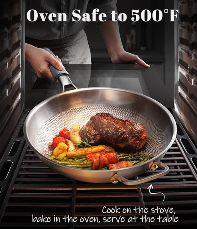 The hammered finish of the pan looks sharp on the stovetop and feels solid and well-made.